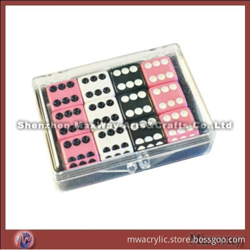 Set of 12 Opaque Dice - Pink - White - Black in Casino Transparent Acrylic Box